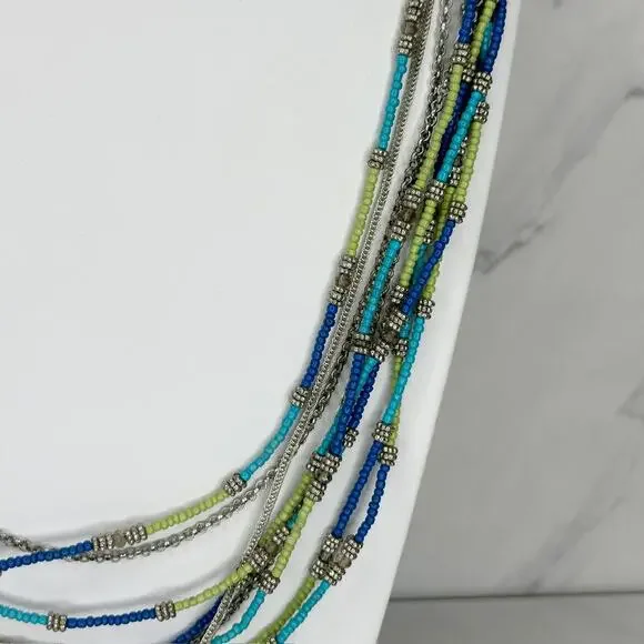 Chico's Multi Strand Seed Bead Necklace Blue Green Silver Tone Long ✨ - Picture 6 of 9